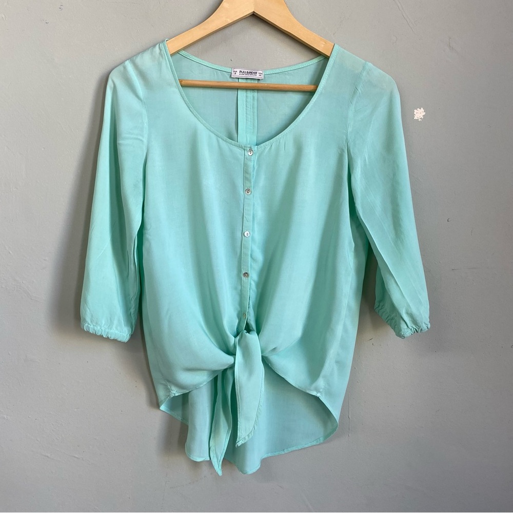 Pull&Bear lightweight tie-waist 3/4 sleeve blouse